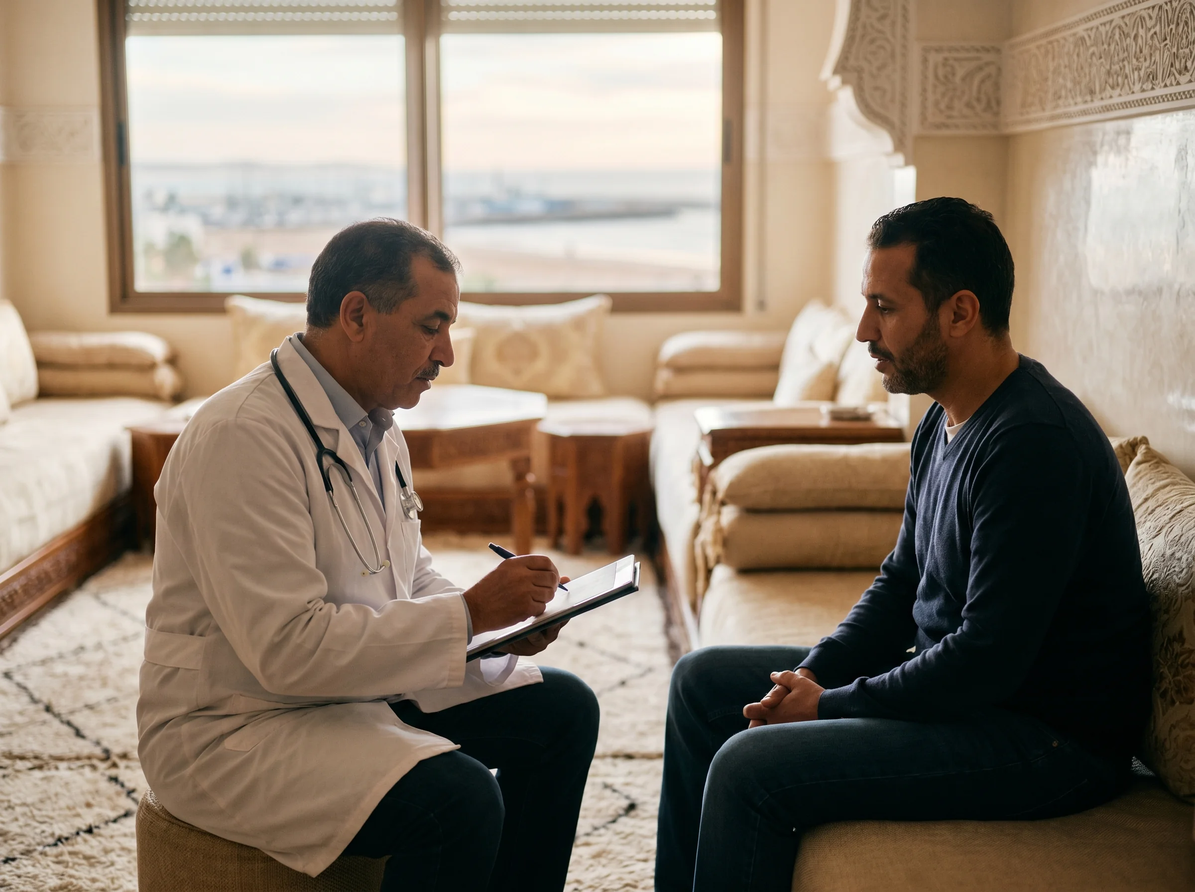 Médecin à domicile Agadir en consultation chez un patient adulte