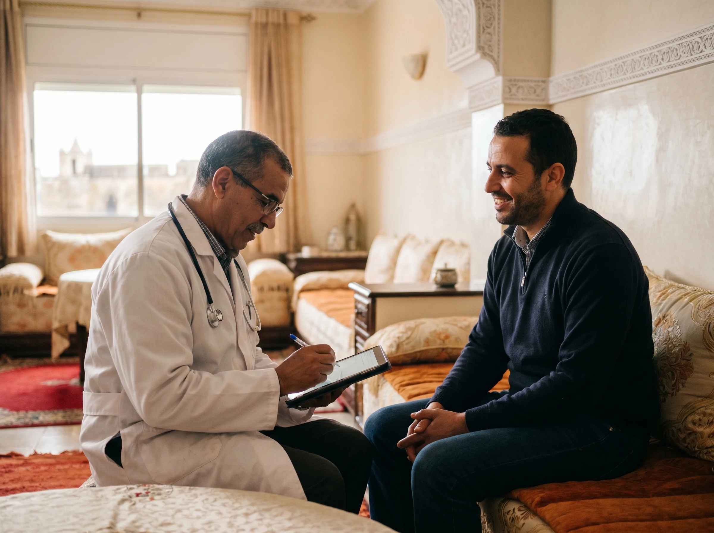 Médecin à domicile El Jadida en consultation chez un patient adulte