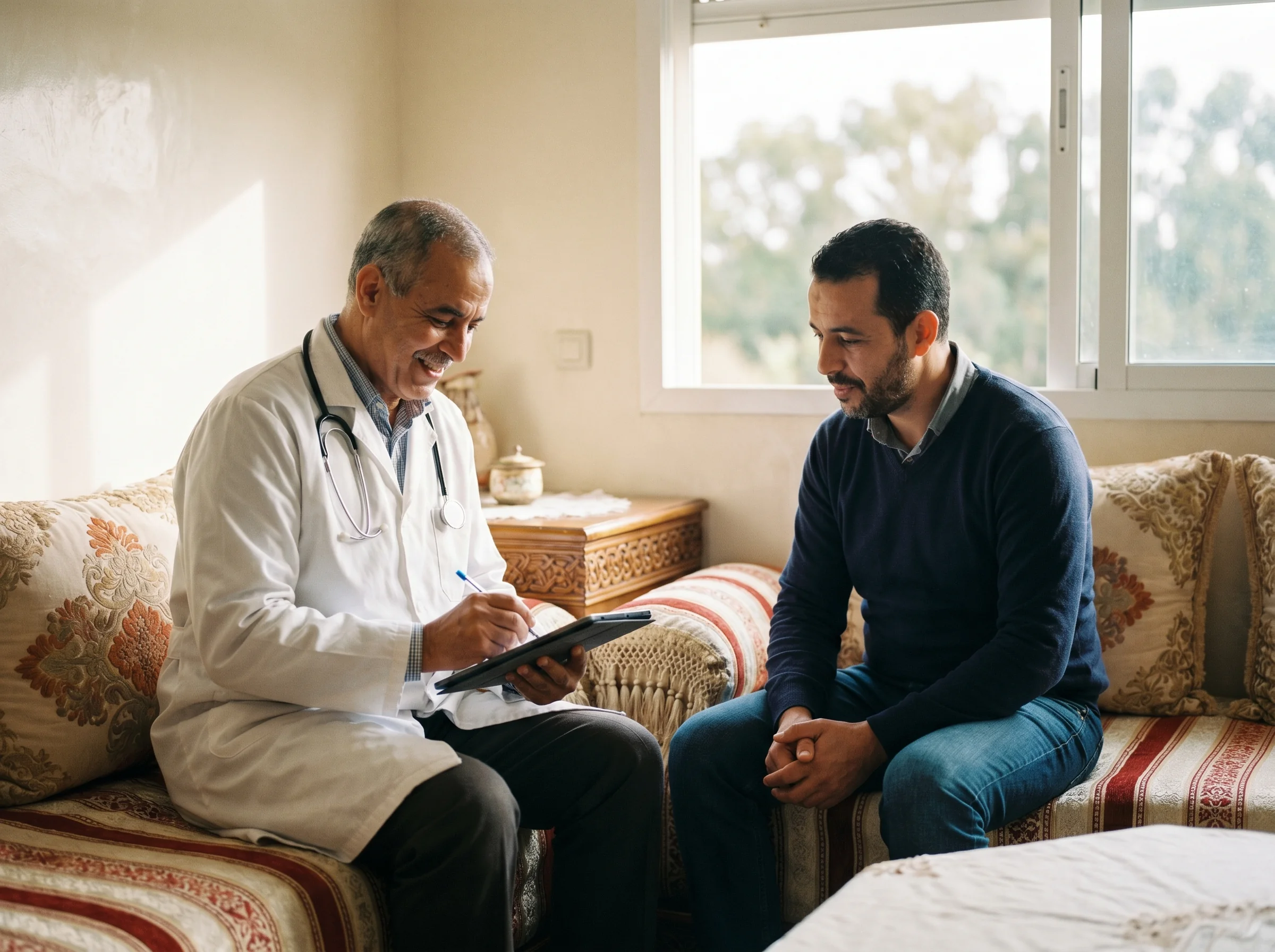 Médecin à domicile Kénitra en consultation chez un patient adulte