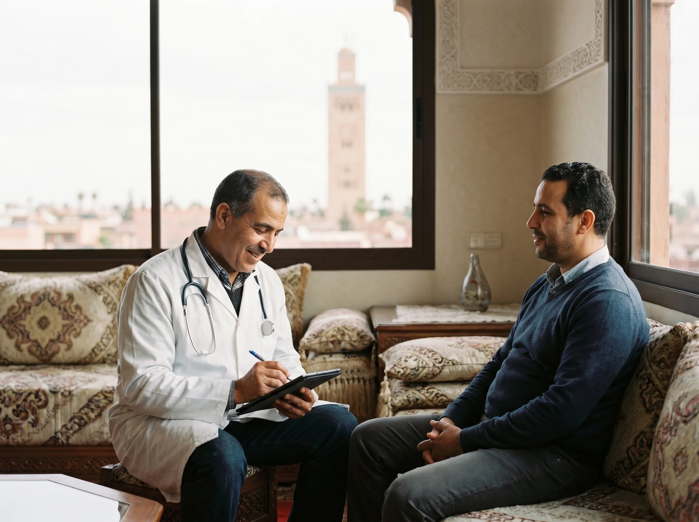 Médecin à domicile Marrakech en consultation chez un patient adulte