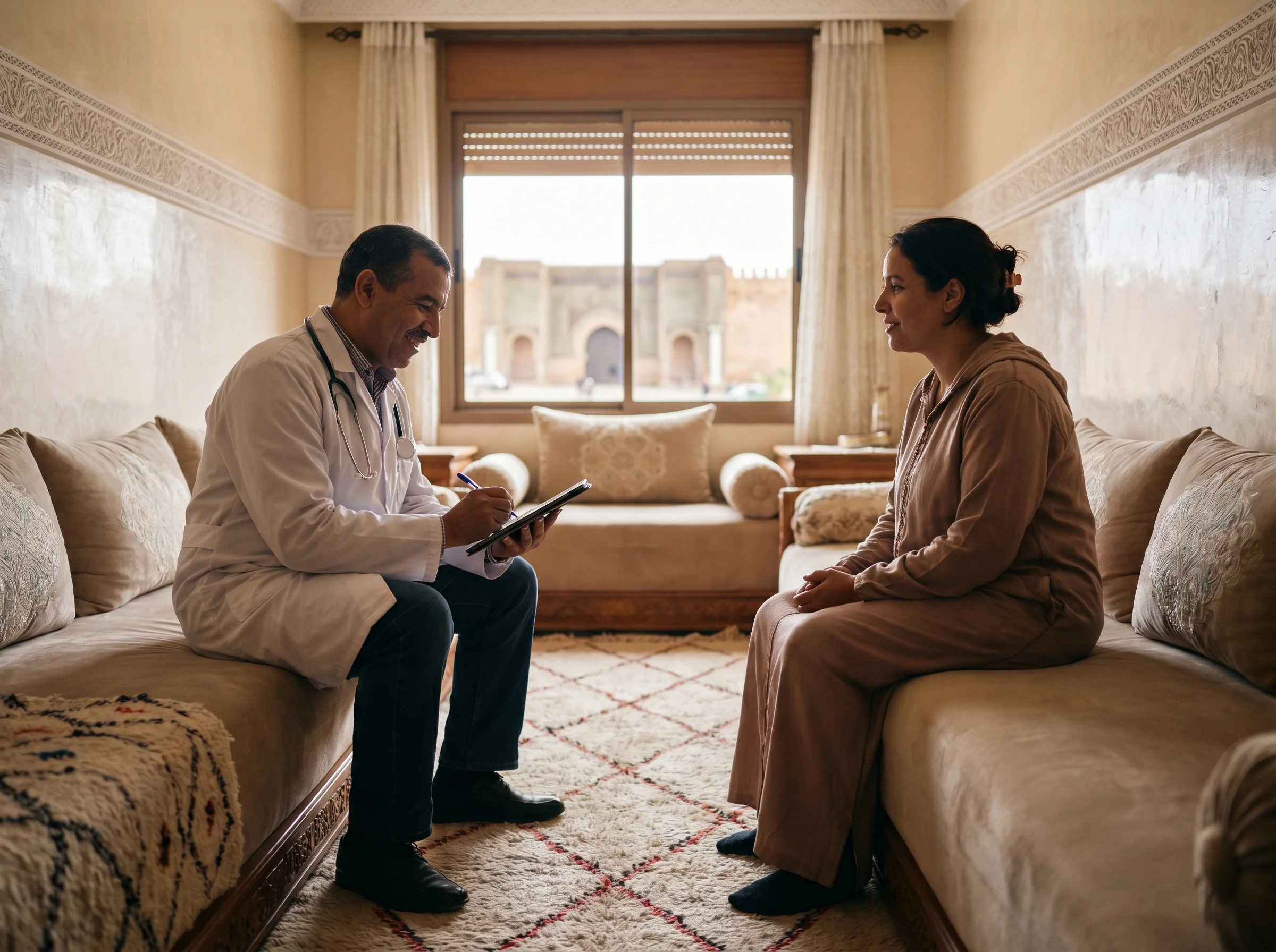 Médecin à domicile Meknès en consultation chez un patient adulte