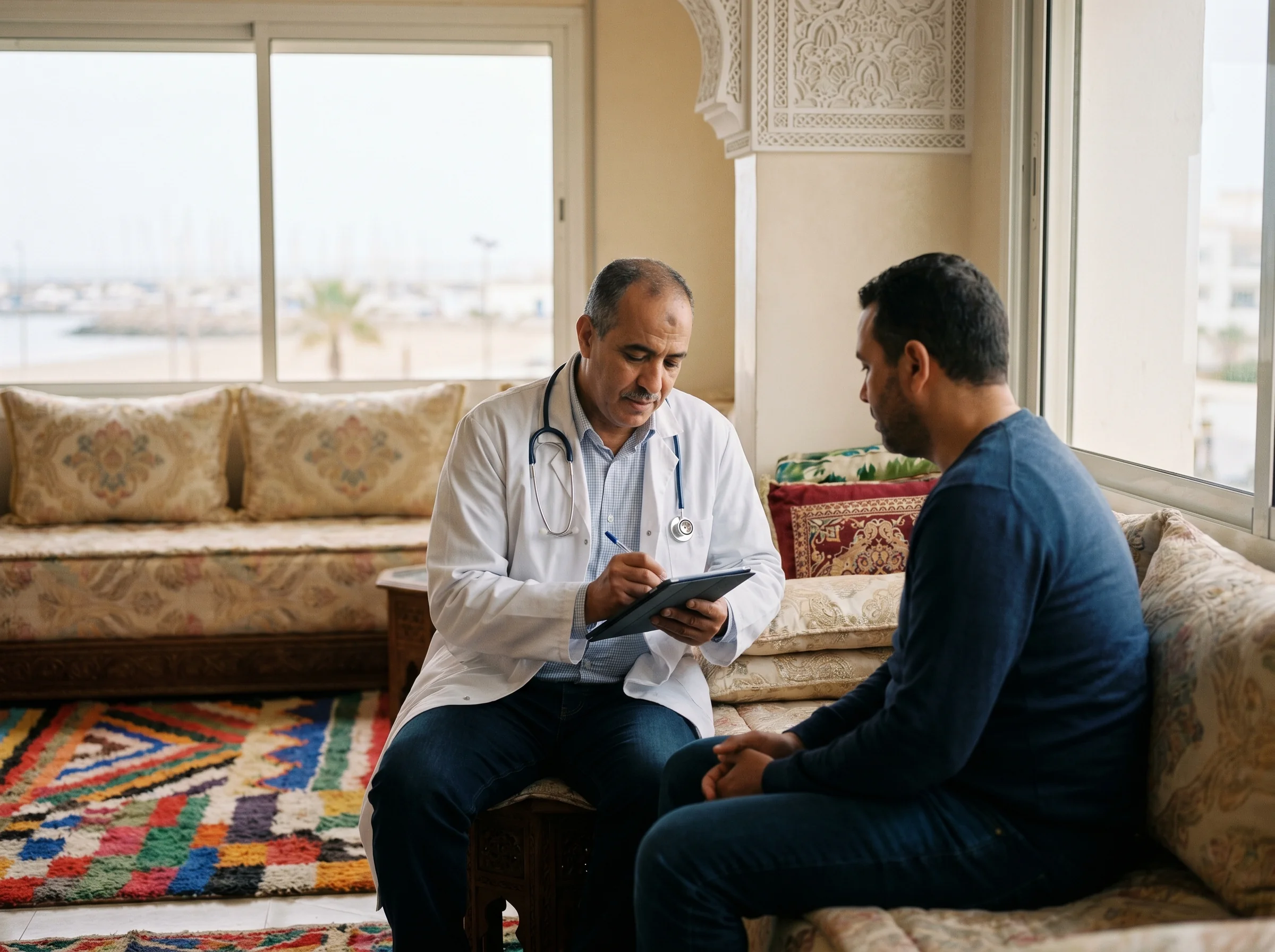 Médecin à domicile Mohammedia en consultation chez un patient adulte