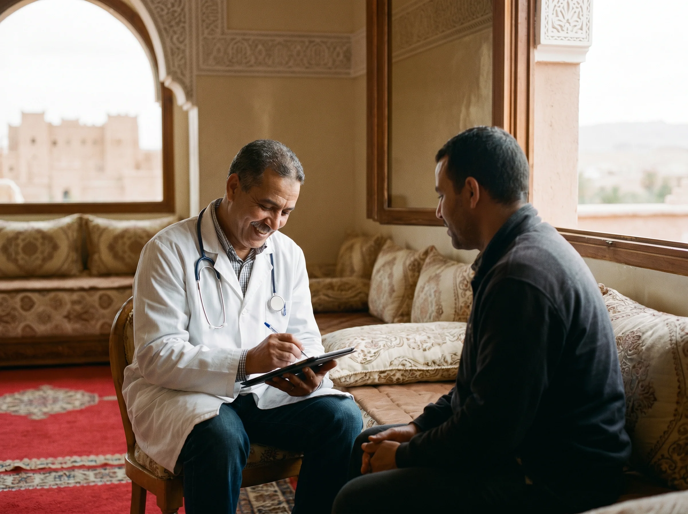 Médecin à domicile Ouarzazate en consultation chez un patient adulte