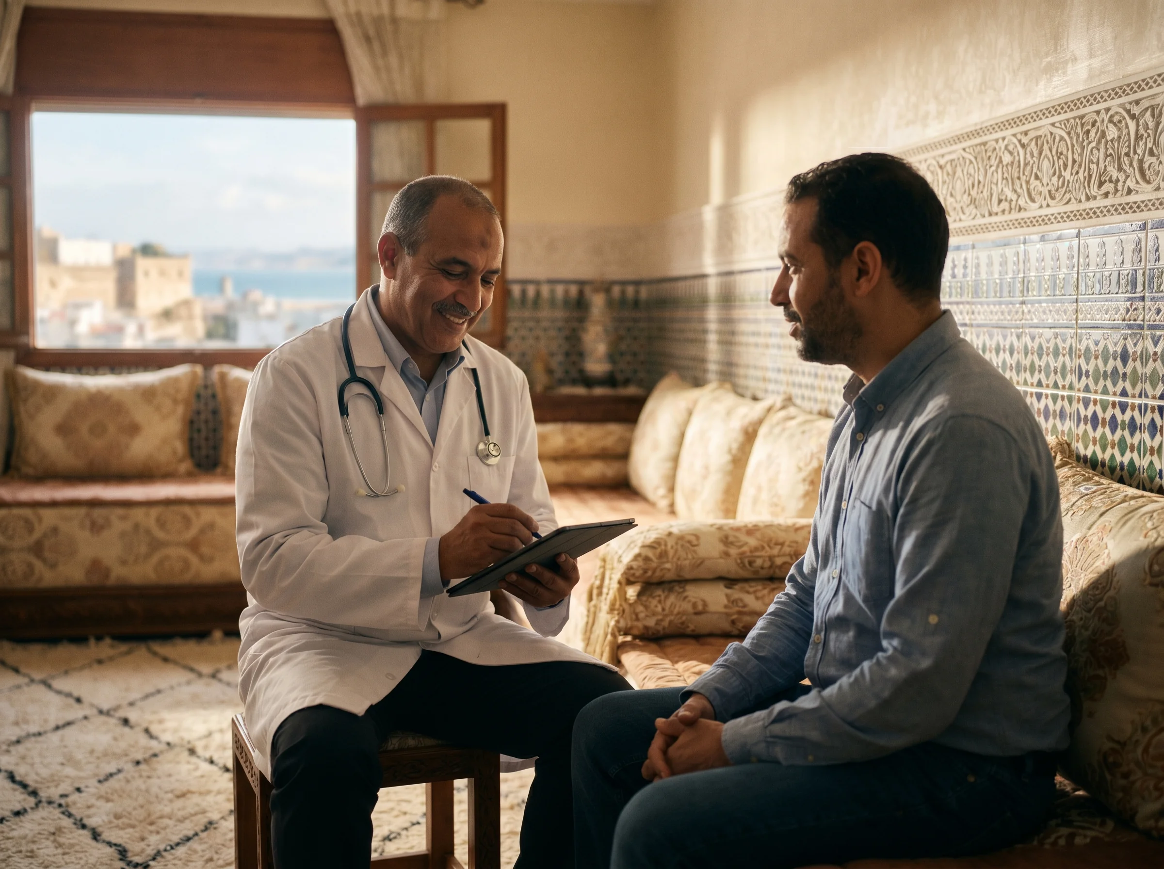 Médecin à domicile Tanger en consultation chez un patient adulte