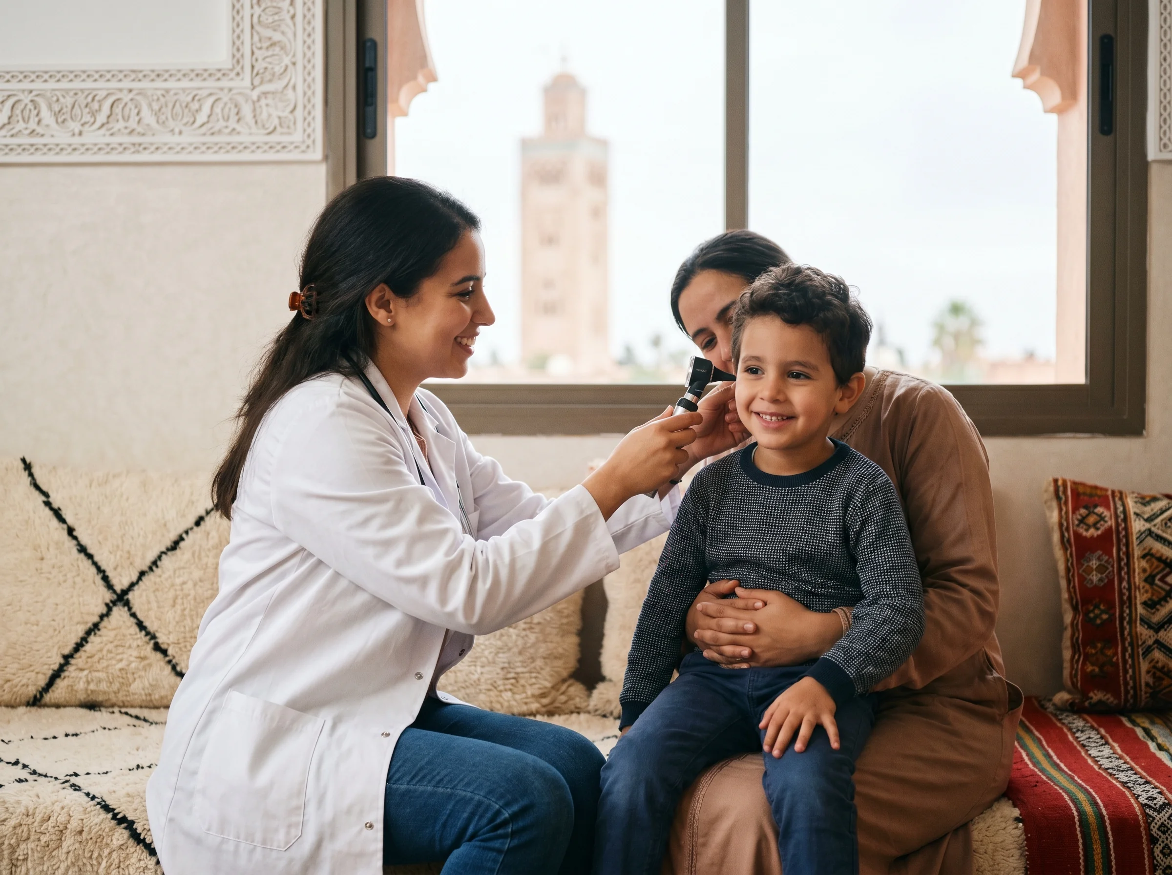 Pédiatre à domicile à Marrakech examinant un enfant à l'otoscope