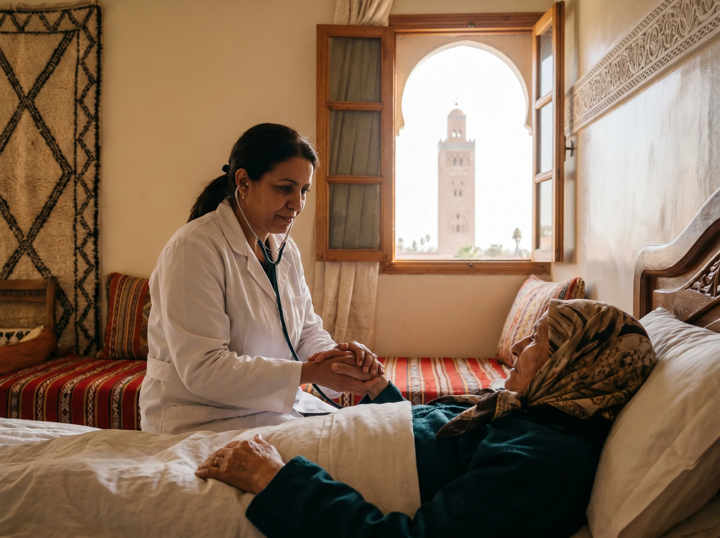 Urgence médicale à domicile à Marrakech, médecin auscultant une patiente âgée